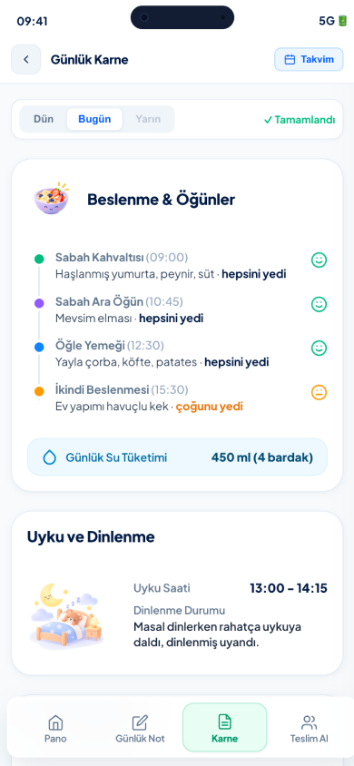 Günlük karnede öğünler, su tüketimi, uyku ve dinlenme bilgileri.
